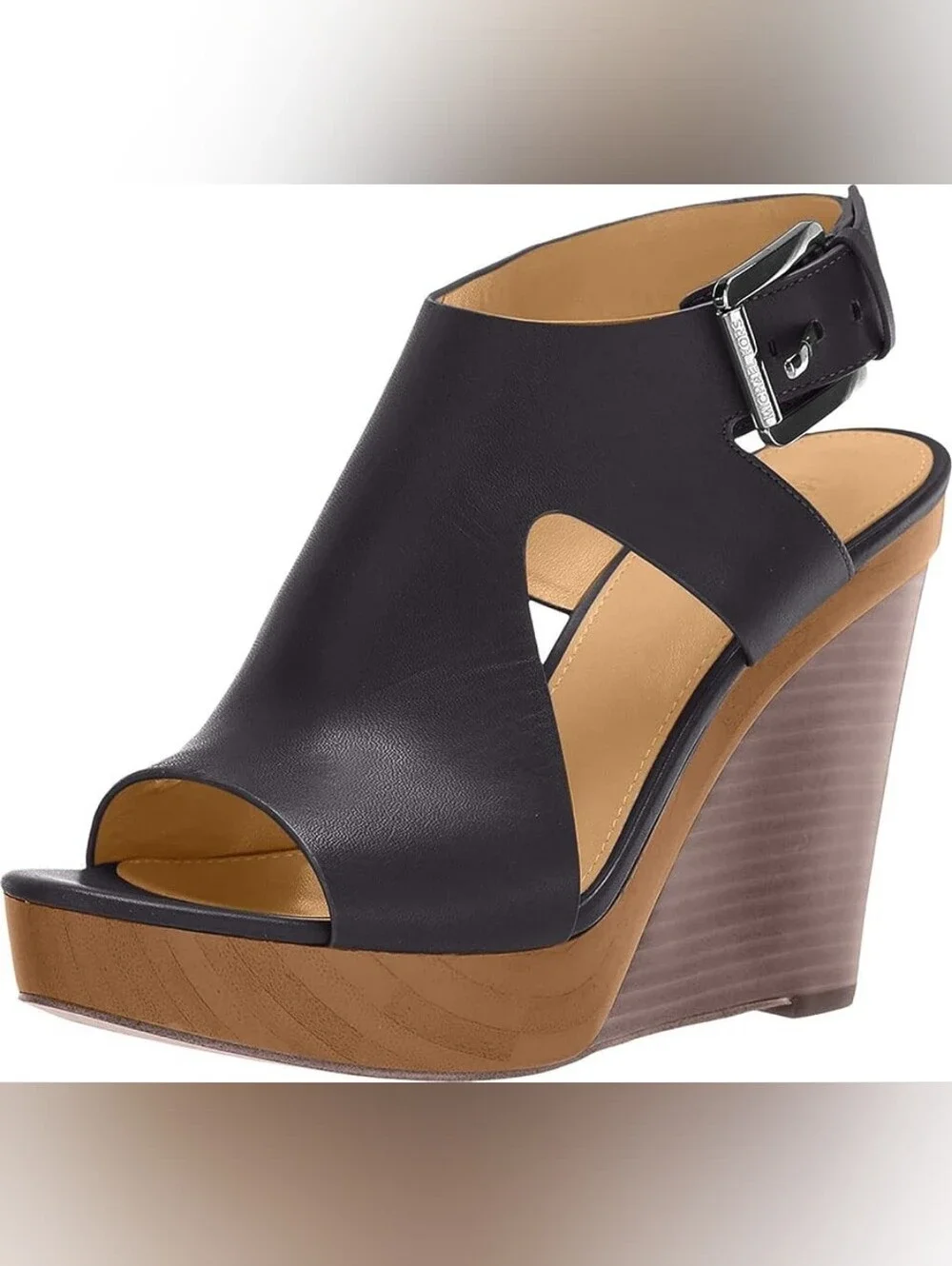 Michael Kors Black Leather Slingback Wedge Sandals with Wood-Trim Platform